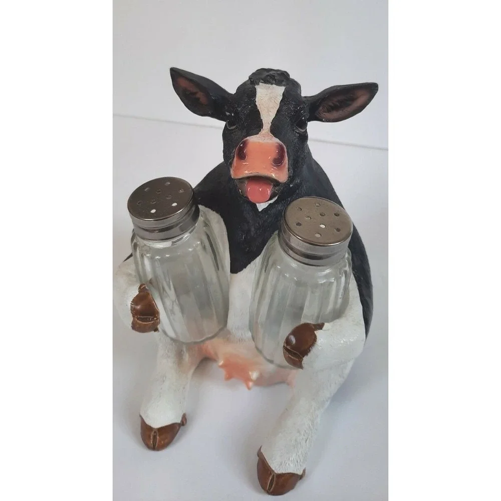 Cow Salt & Pepper Shaker Holder Set Black White Holstein Resin Farmhouse HD25971